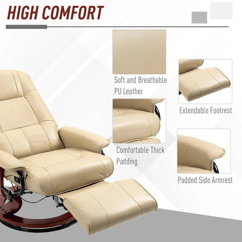 PU Leather Swivel Recliner Chair Manual Lounge Chair with Wood Base, Adjustable Backrest and Retractable Footrest