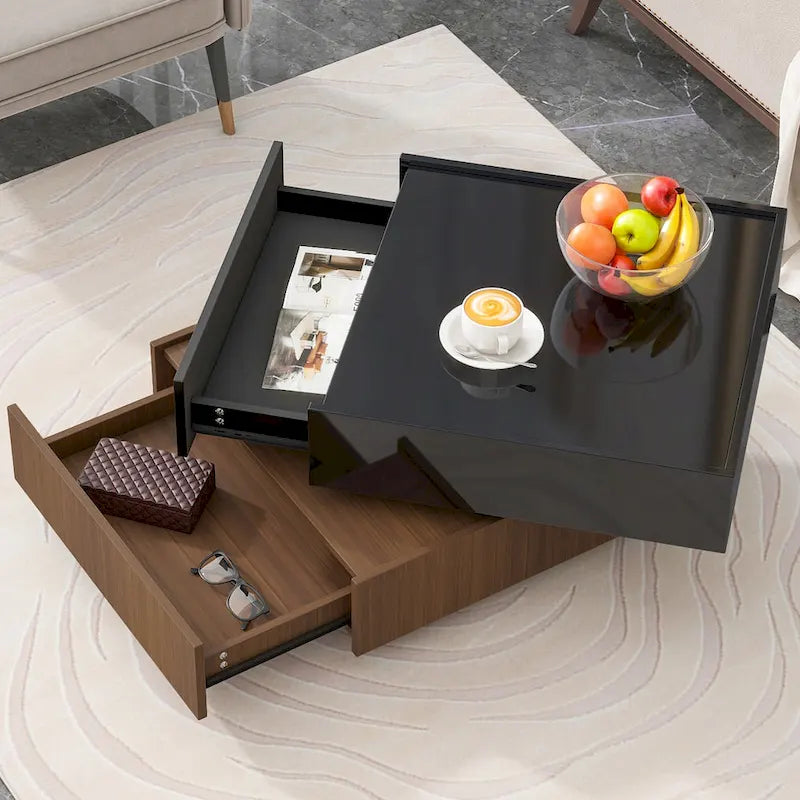 Multifunctional Square 360 Rotating Coffee Table 2-Tier Center Table with 2 Drawers and Rotating Tabletop, for Living Room