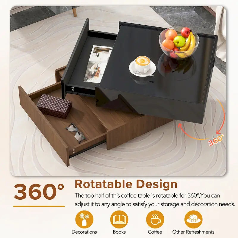 Multifunctional Square 360 Rotating Coffee Table 2-Tier Center Table with 2 Drawers and Rotating Tabletop, for Living Room
