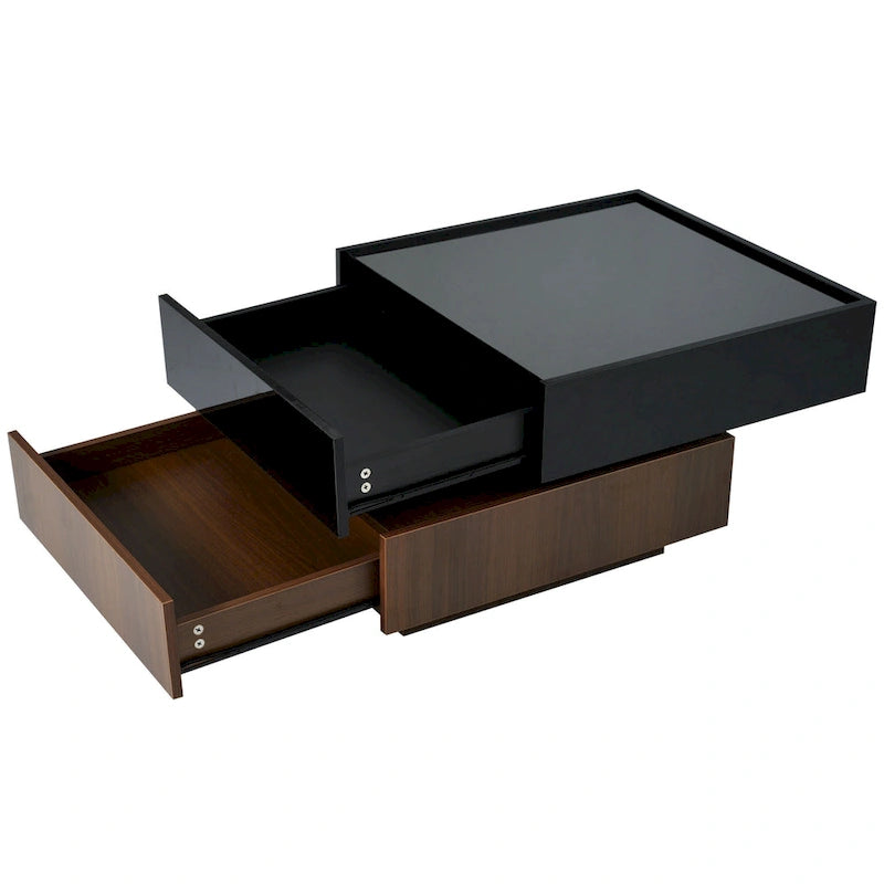 Multifunctional Square 360 Rotating Coffee Table 2-Tier Center Table with 2 Drawers and Rotating Tabletop, for Living Room