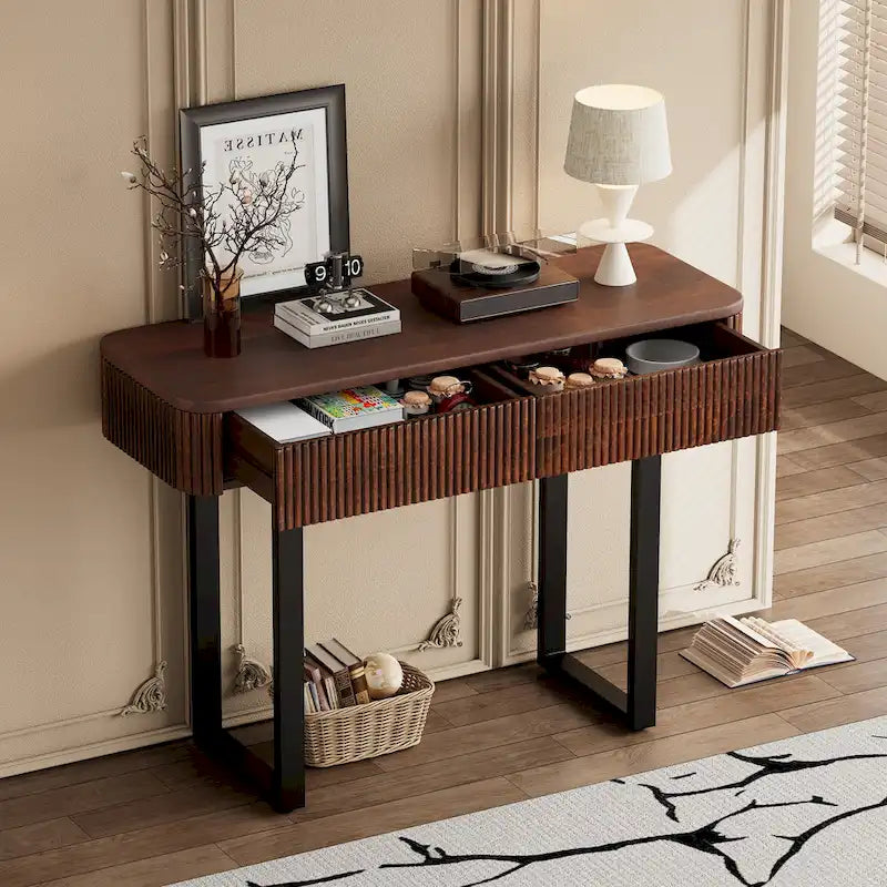 Modern Solid Wood Entryway Console Table with Fluted Design & Storage
