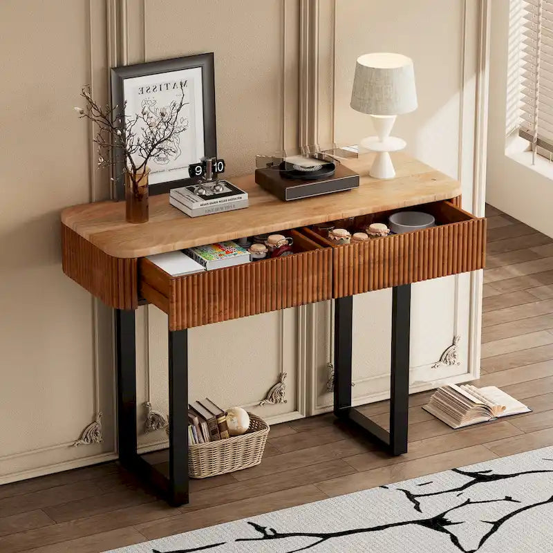 Modern Solid Wood Entryway Console Table with Fluted Design & Storage