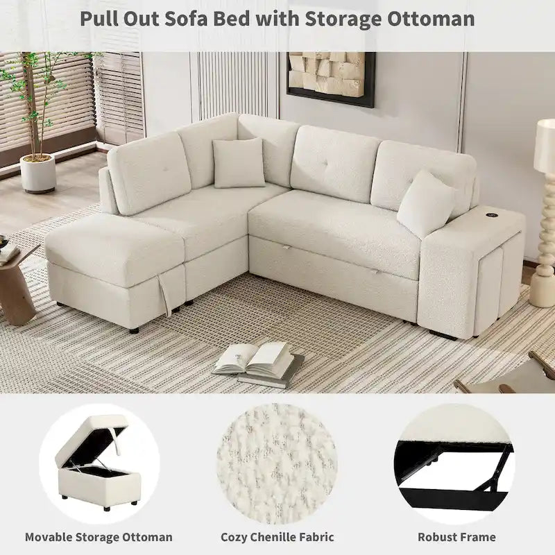 Roomfitters Convertible Sleeper Sectional Sofa Bed with Storage Ottoman, Two Throw Pillows, Two Stools, Wireless Charger