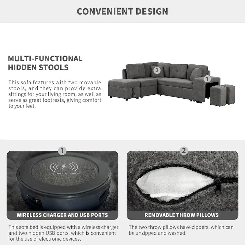 Roomfitters Convertible Sleeper Sectional Sofa Bed with Storage Ottoman, Two Throw Pillows, Two Stools, Wireless Charger