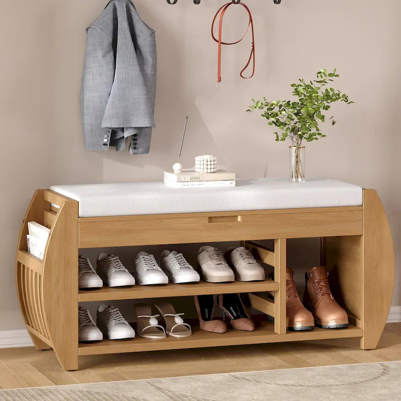 Shoe Storage Bench with Cushion and Curved Side