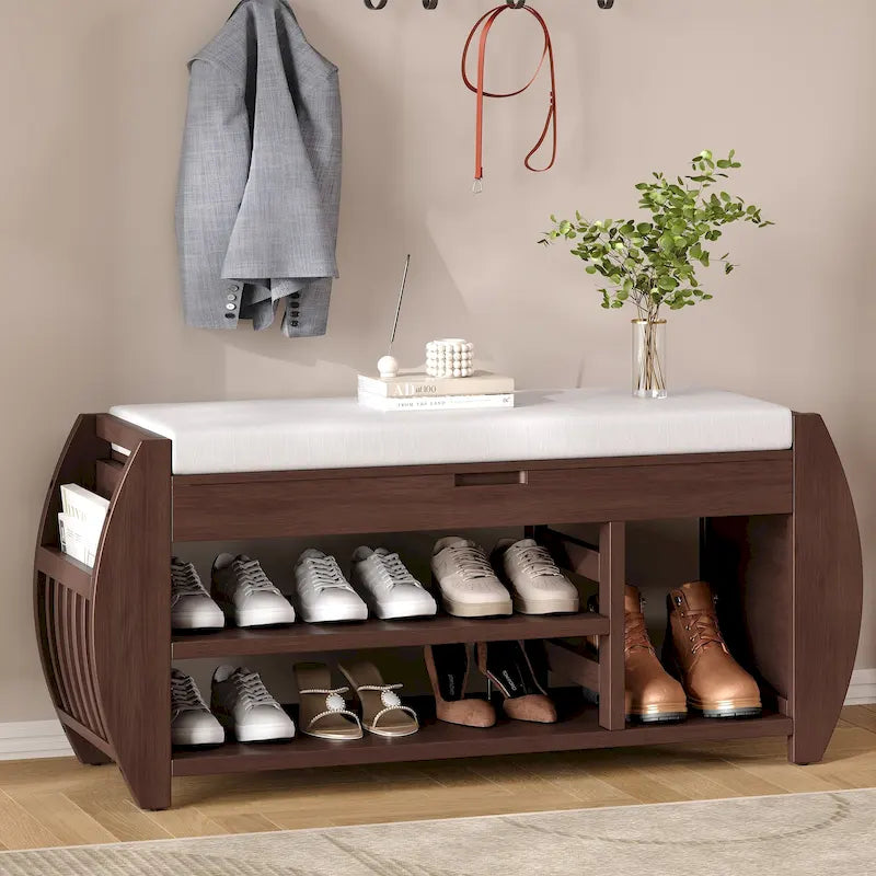 Shoe Storage Bench with Cushion and Curved Side