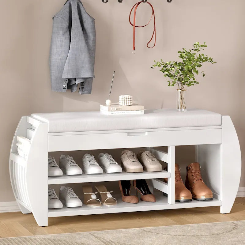 Shoe Storage Bench with Cushion and Curved Side