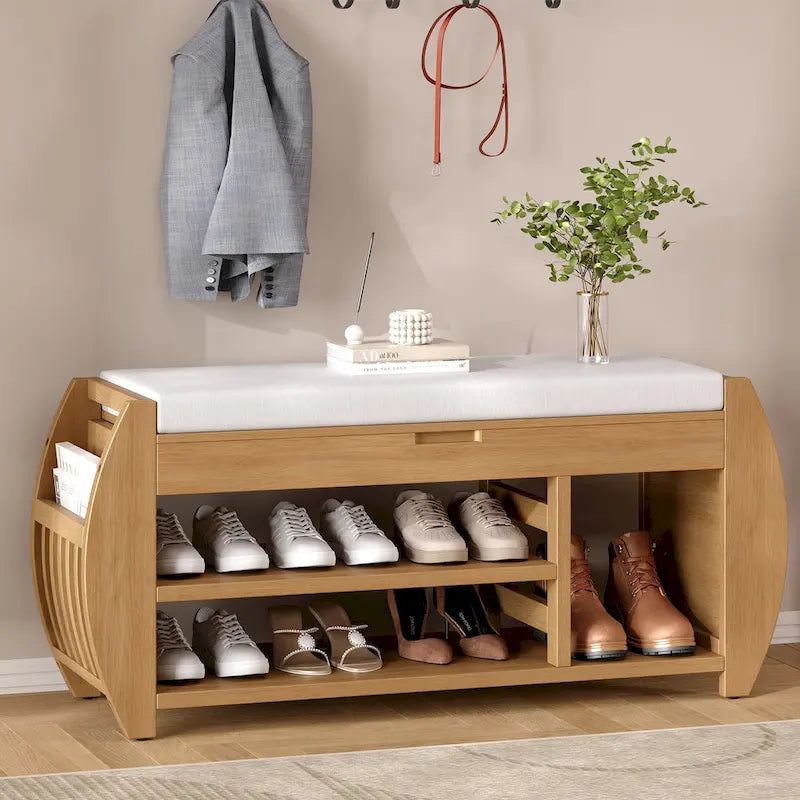 Shoe Storage Bench with Cushion and Curved Side