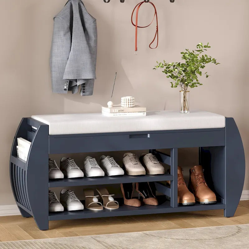 Shoe Storage Bench with Cushion and Curved Side