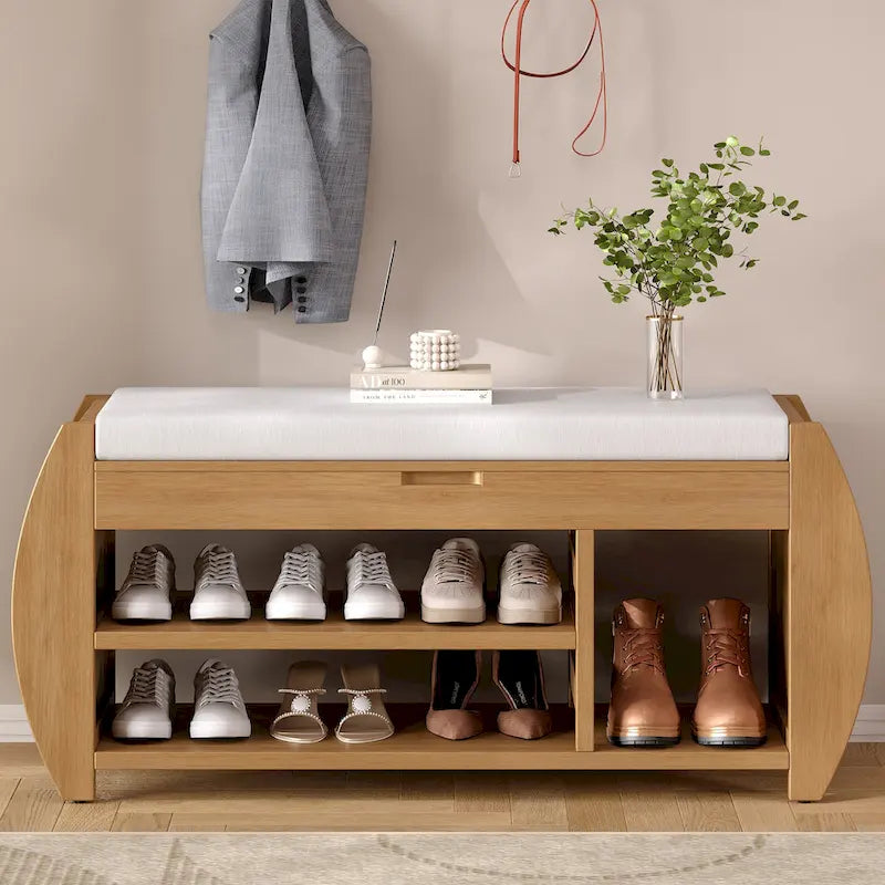 Shoe Storage Bench with Cushion and Curved Side