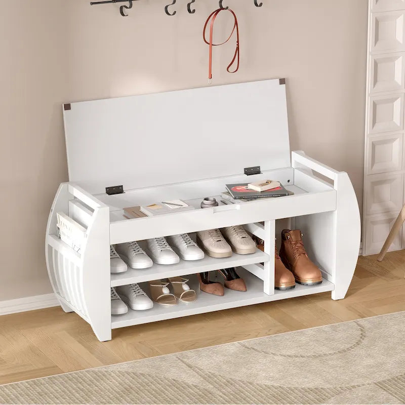 Shoe Storage Bench with Cushion and Curved Side
