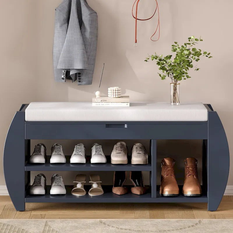 Shoe Storage Bench with Cushion and Curved Side