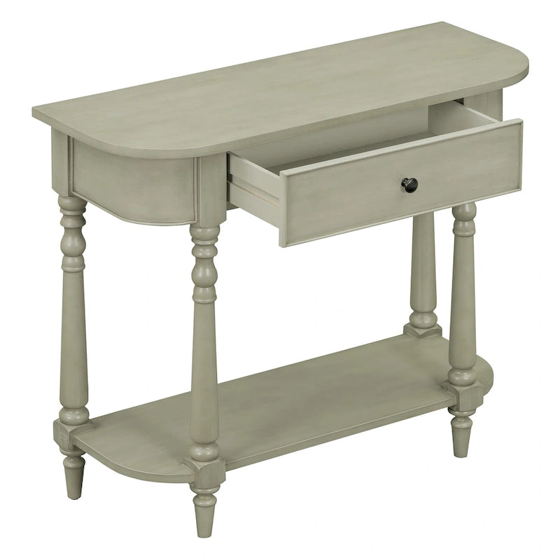 Retro Narrow Console Table with Curved Corner, Top Drawer & Open Shelf