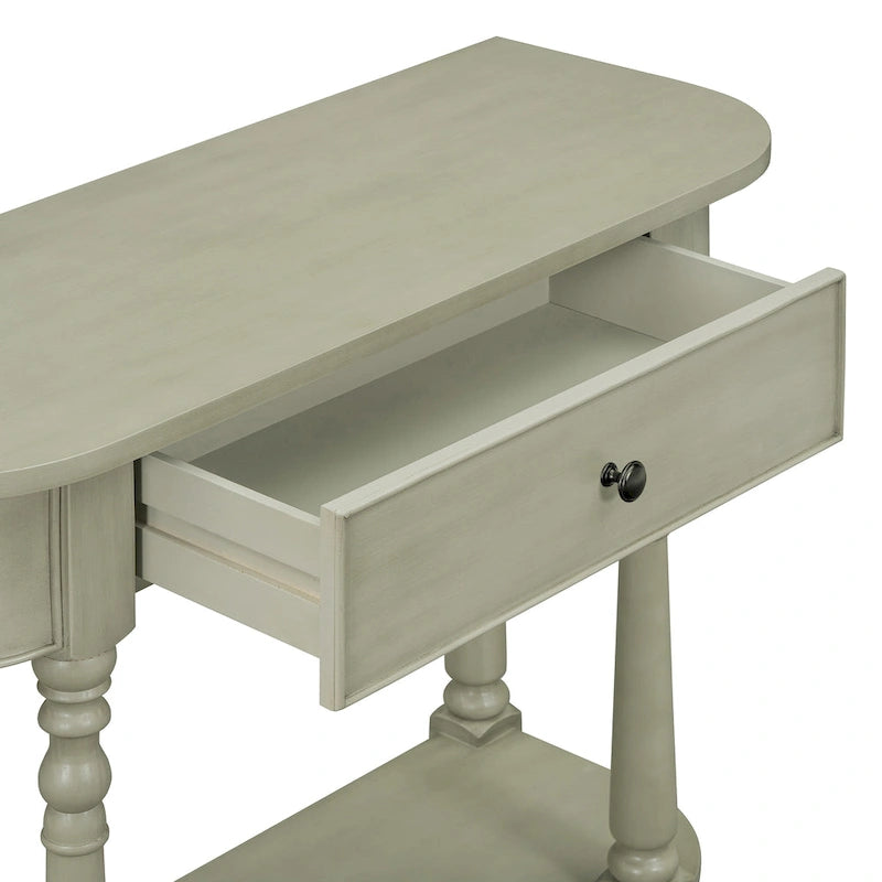 Retro Narrow Console Table with Curved Corner, Top Drawer & Open Shelf