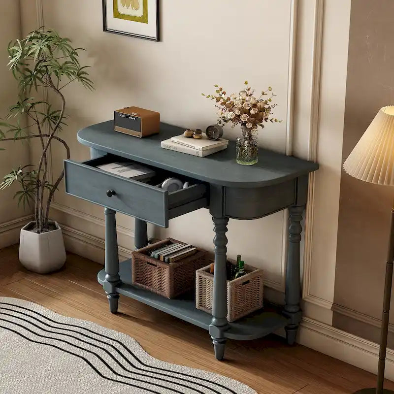 Retro Narrow Console Table with Curved Corner, Top Drawer & Open Shelf