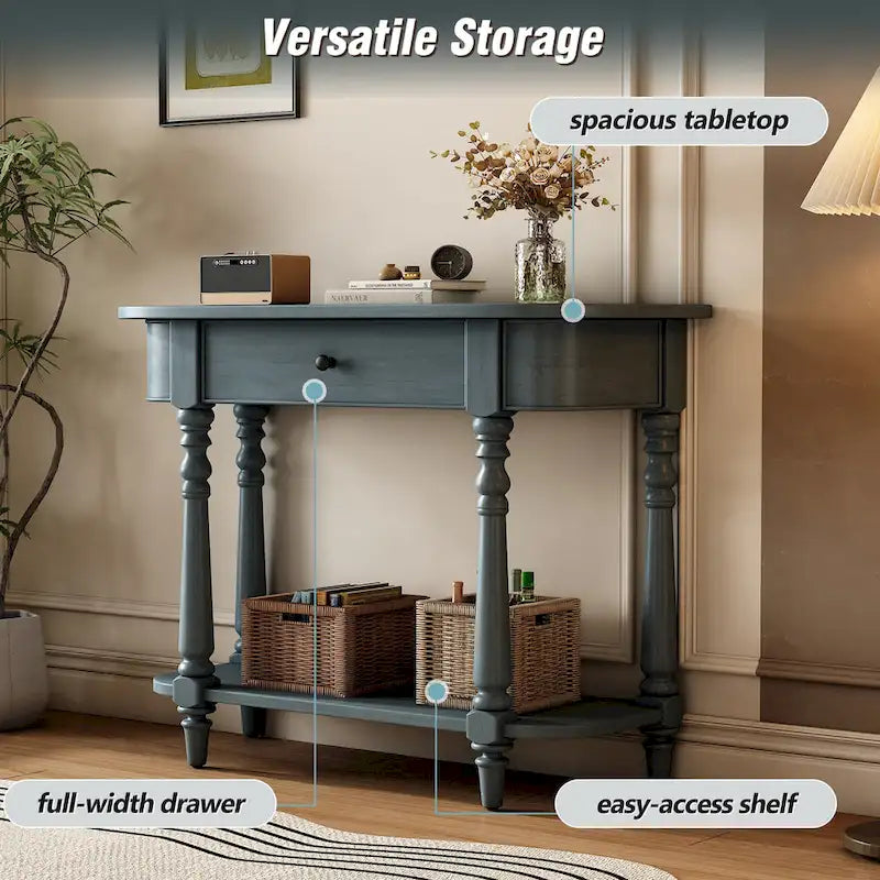 Retro Narrow Console Table with Curved Corner, Top Drawer & Open Shelf