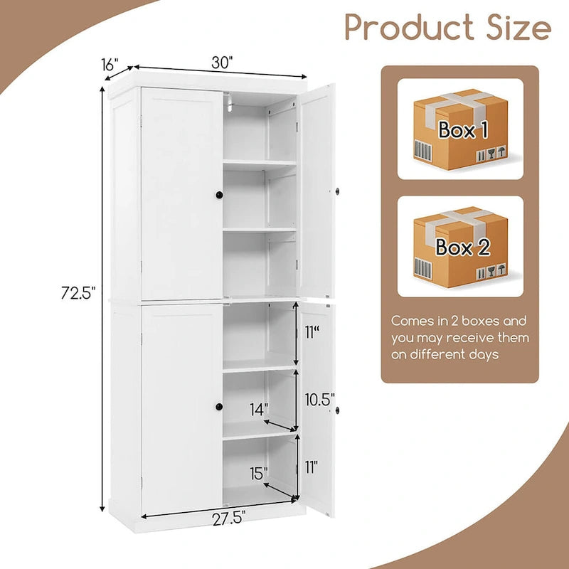 Gymax 72.5 Kitchen Pantry w/4 Door 6-Tier Shelves Freestanding