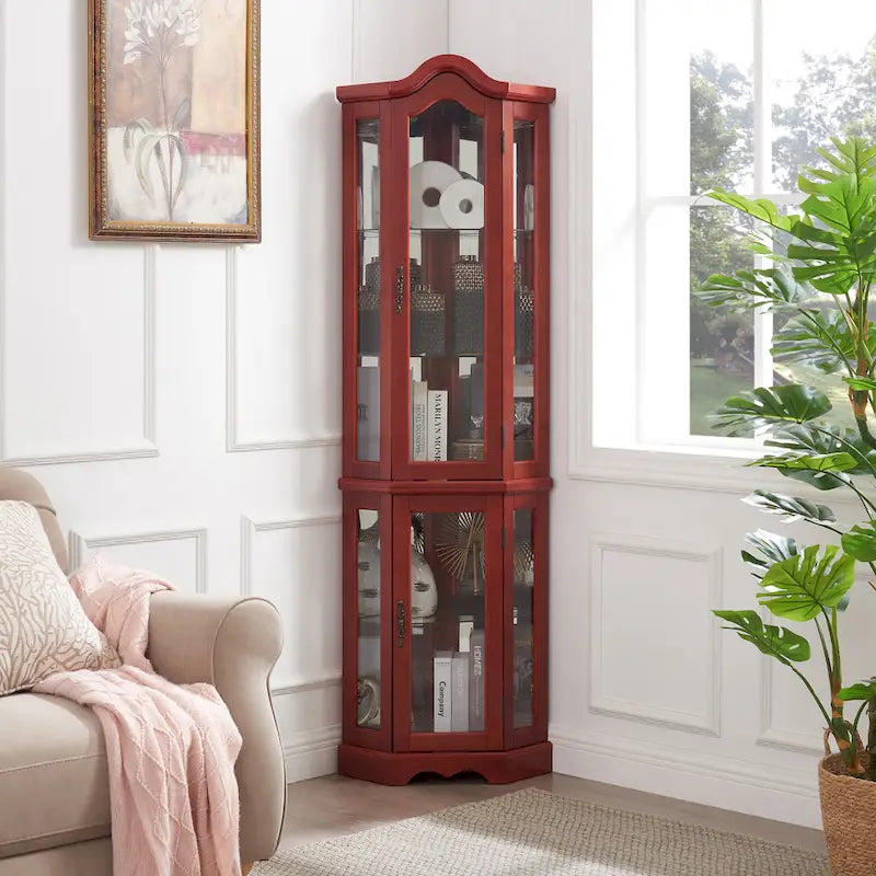 Lighted Corner Curio Cabinet with Tempered Glass Doors & Shelves - Elegant Cherry Display Case with Bulb