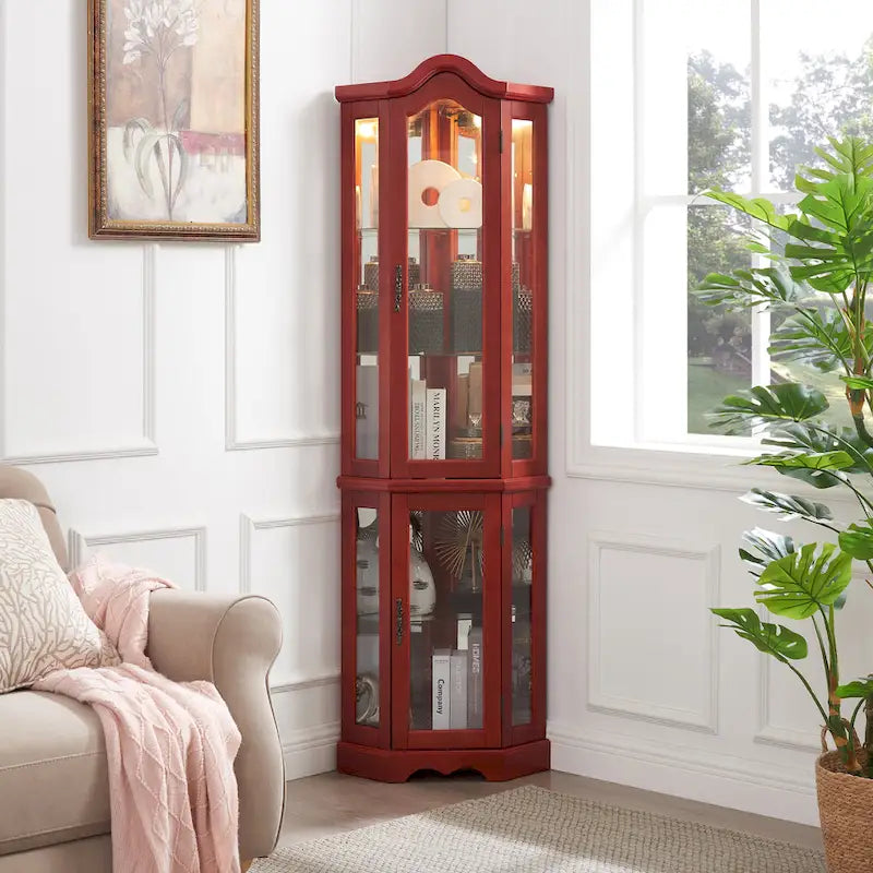 Lighted Corner Curio Cabinet with Tempered Glass Doors & Shelves - Elegant Cherry Display Case with Bulb