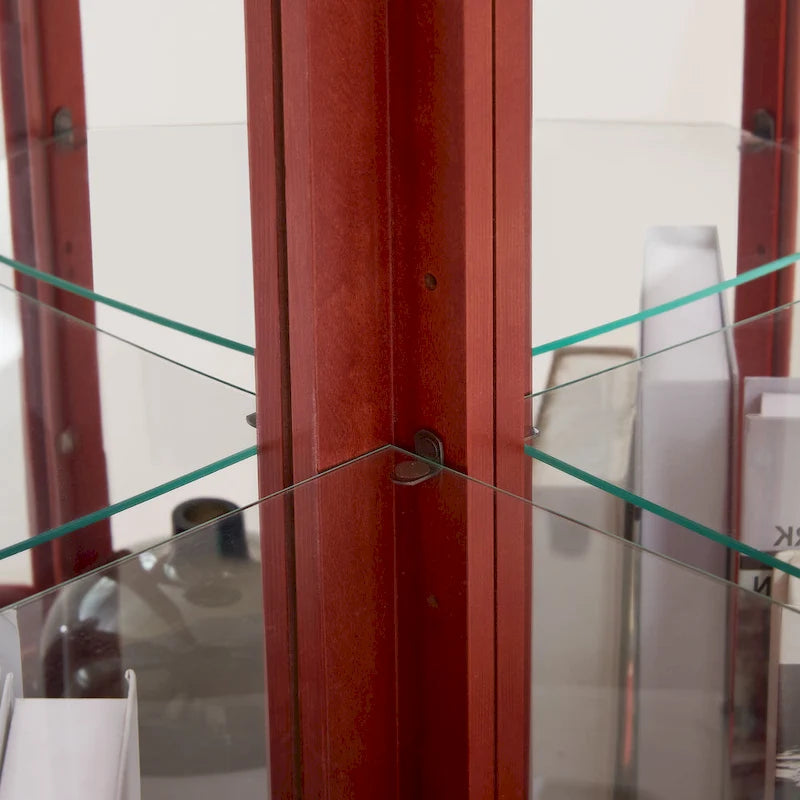 Lighted Corner Curio Cabinet with Tempered Glass Doors & Shelves - Elegant Cherry Display Case with Bulb