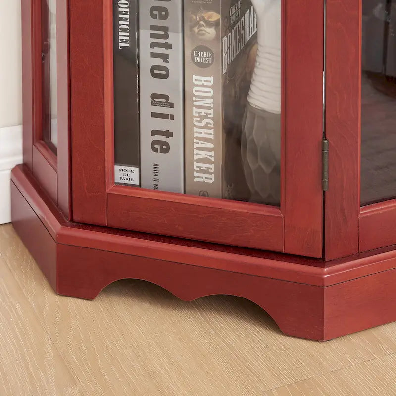 Lighted Corner Curio Cabinet with Tempered Glass Doors & Shelves - Elegant Cherry Display Case with Bulb