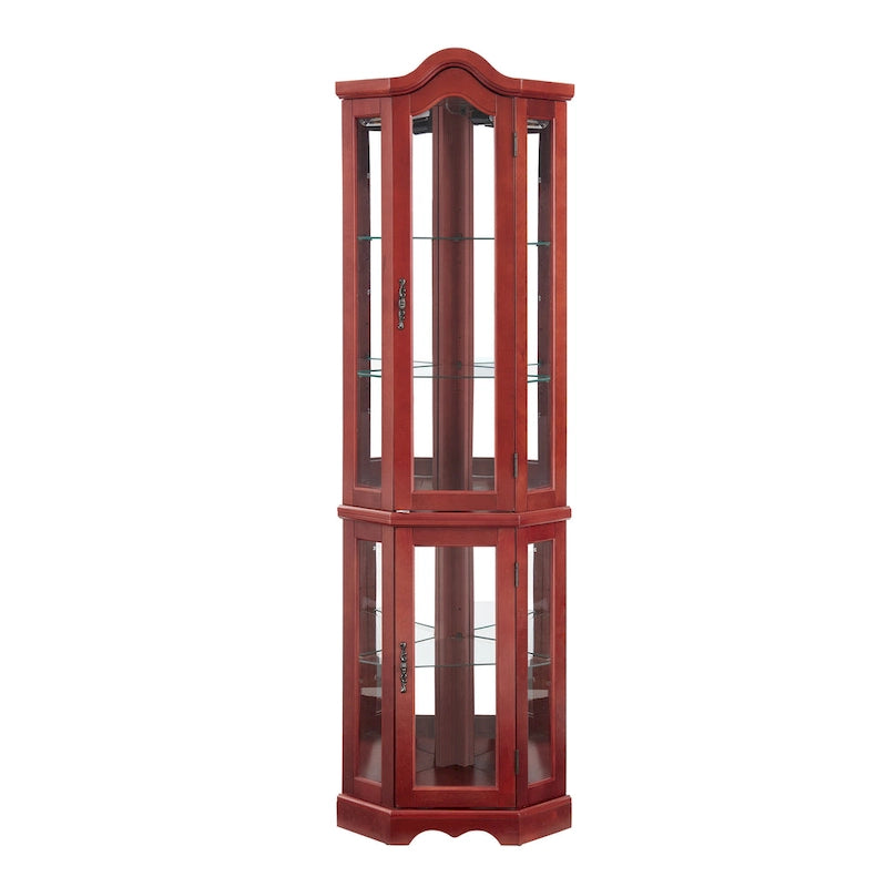 Lighted Corner Curio Cabinet with Tempered Glass Doors & Shelves - Elegant Cherry Display Case with Bulb