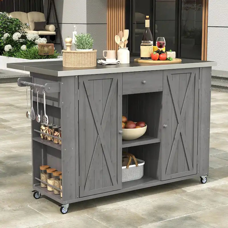 Outdoor Solid Fir Wood Kitchen Island with Stainless Steel Top,Mobile Outdoor Cart with Barn Doors,Drawer
