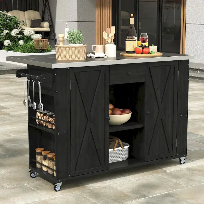 Outdoor Solid Fir Wood Kitchen Island with Stainless Steel Top,Mobile Outdoor Cart with Barn Doors,Drawer