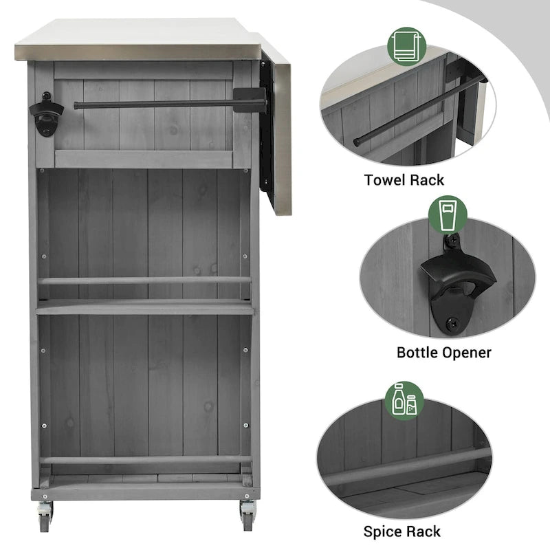 Outdoor Solid Fir Wood Kitchen Island with Stainless Steel Top,Mobile Outdoor Cart with Barn Doors,Drawer