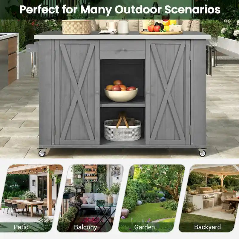 Outdoor Solid Fir Wood Kitchen Island with Stainless Steel Top,Mobile Outdoor Cart with Barn Doors,Drawer