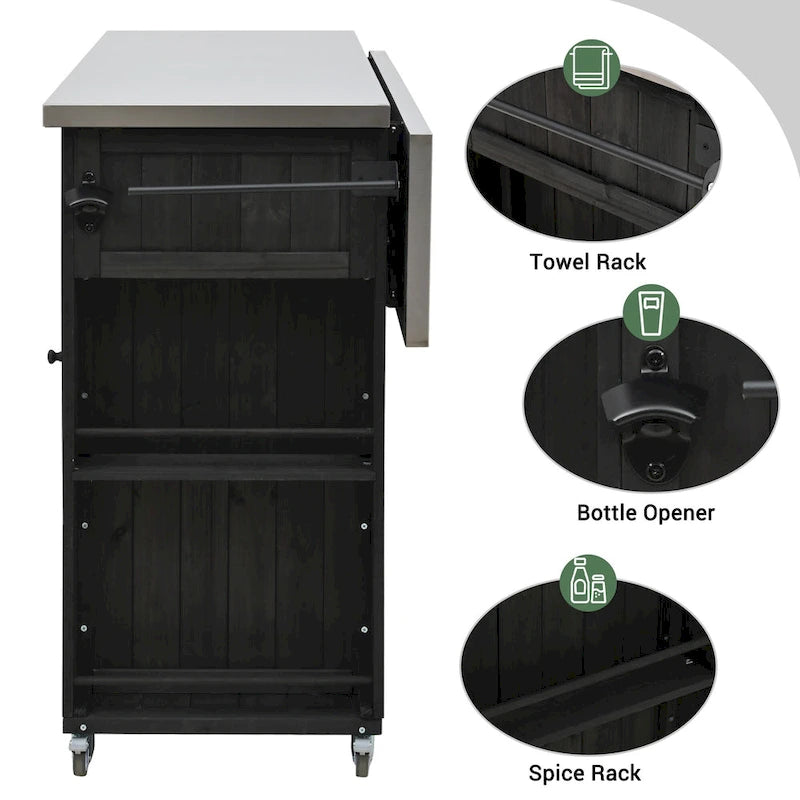 Outdoor Solid Fir Wood Kitchen Island with Stainless Steel Top,Mobile Outdoor Cart with Barn Doors,Drawer