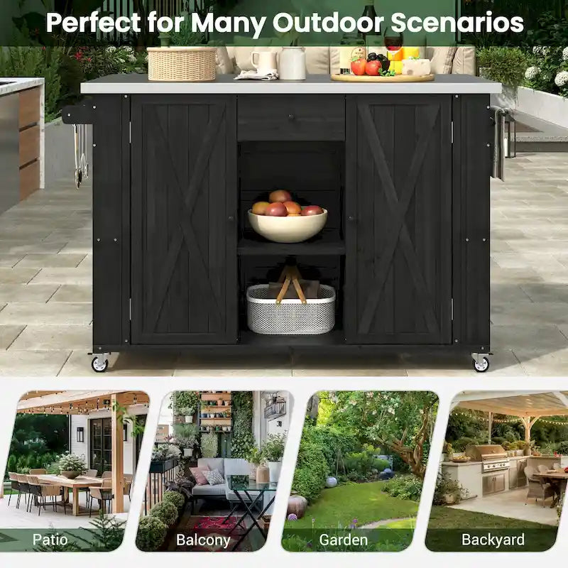 Outdoor Solid Fir Wood Kitchen Island with Stainless Steel Top,Mobile Outdoor Cart with Barn Doors,Drawer