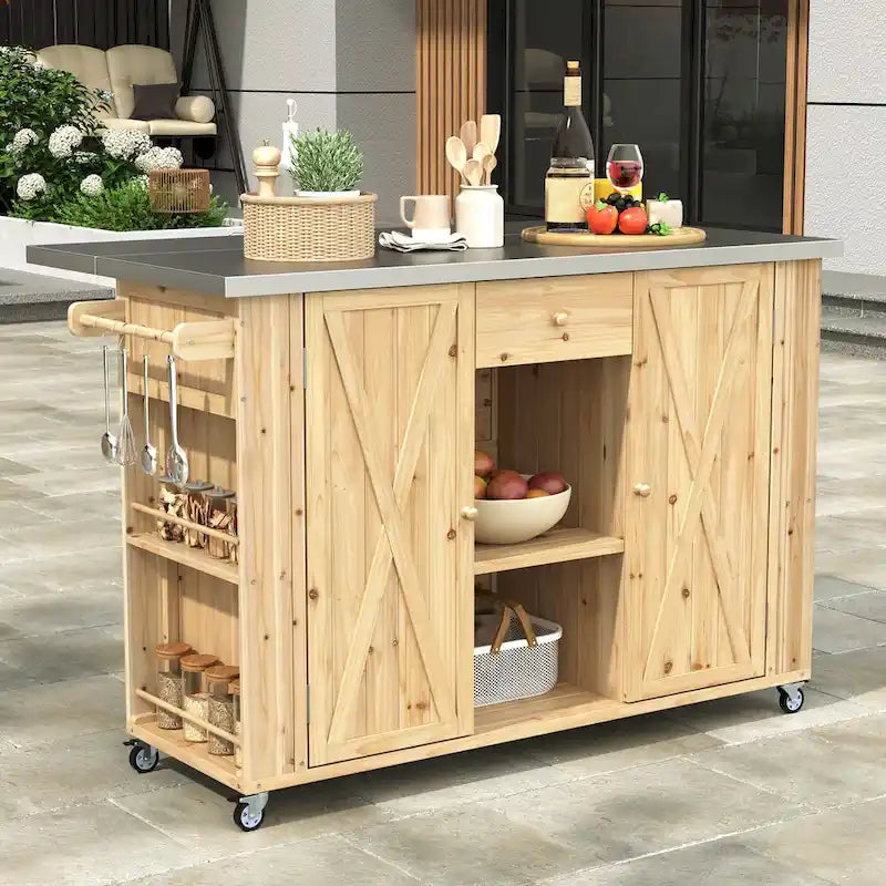 Outdoor Solid Fir Wood Kitchen Island with Stainless Steel Top,Mobile Outdoor Cart with Barn Doors,Drawer