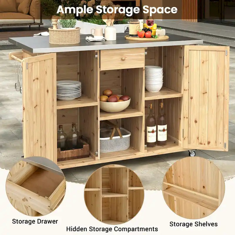 Outdoor Solid Fir Wood Kitchen Island with Stainless Steel Top,Mobile Outdoor Cart with Barn Doors,Drawer