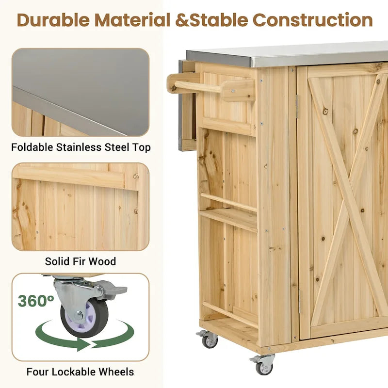 Outdoor Solid Fir Wood Kitchen Island with Stainless Steel Top,Mobile Outdoor Cart with Barn Doors,Drawer