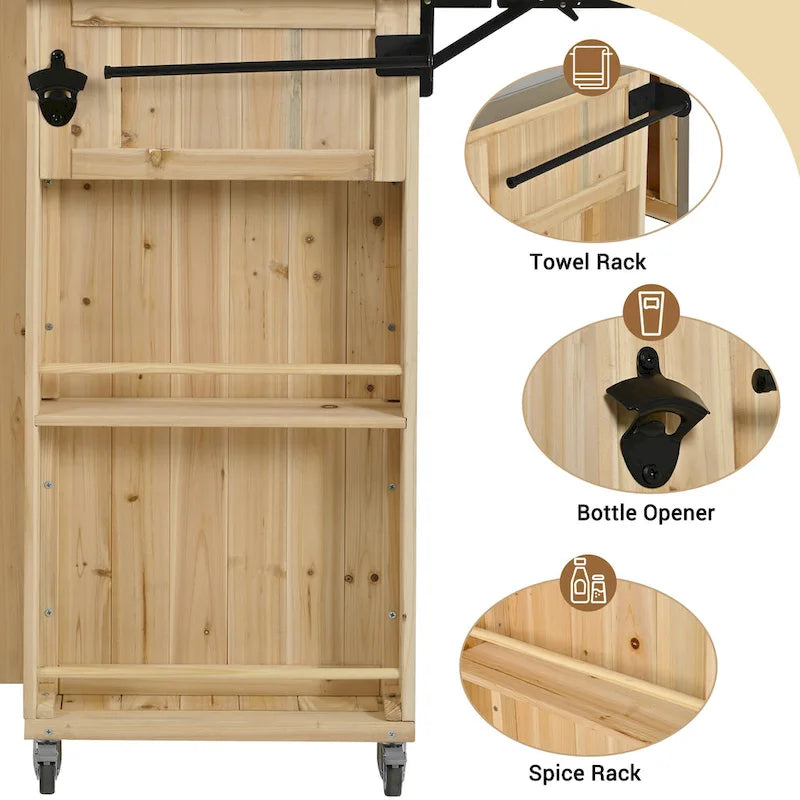 Outdoor Solid Fir Wood Kitchen Island with Stainless Steel Top,Mobile Outdoor Cart with Barn Doors,Drawer