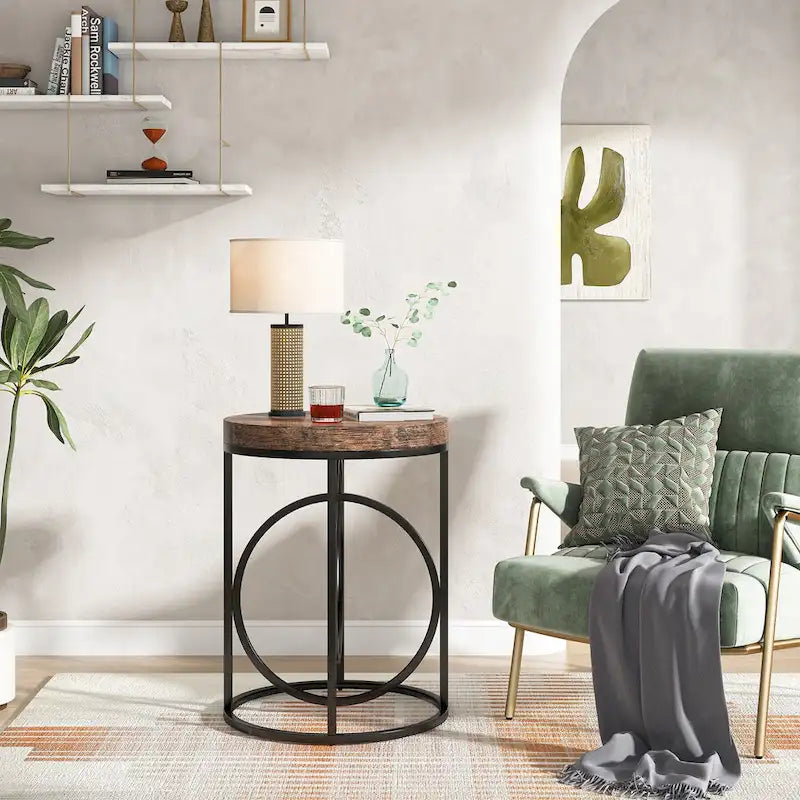 Modern Round Side End Table for Living Room, Tall Narrow Nightstand for Bedroom