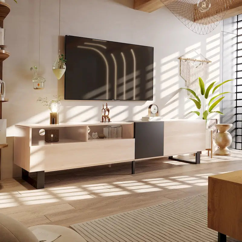 70.9 TV Stand with Double Storage Space and Drop Down Door for TVs Up to 80