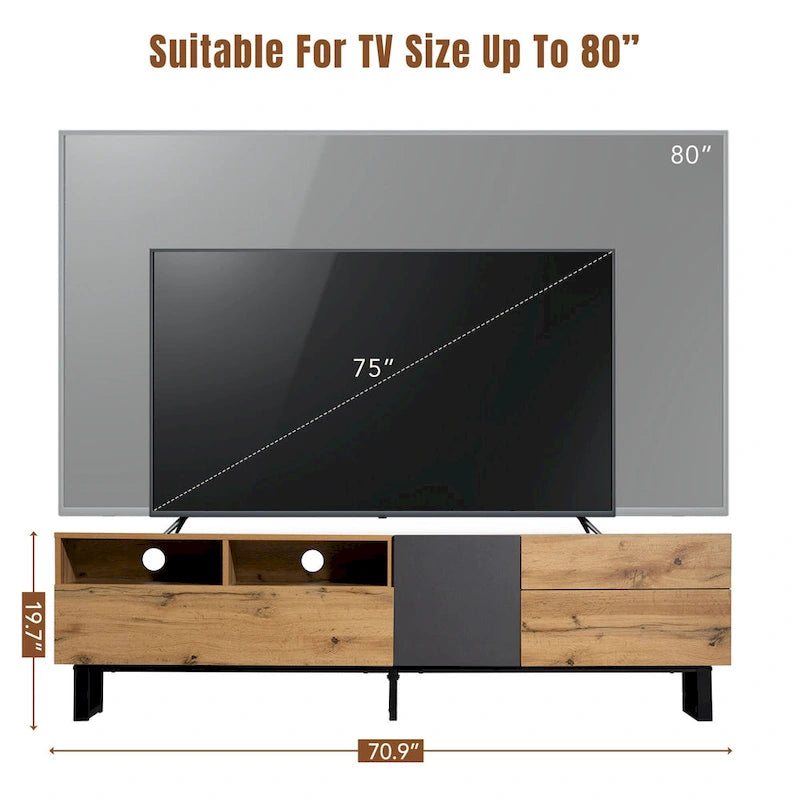 70.9 TV Stand with Double Storage Space and Drop Down Door for TVs Up to 80