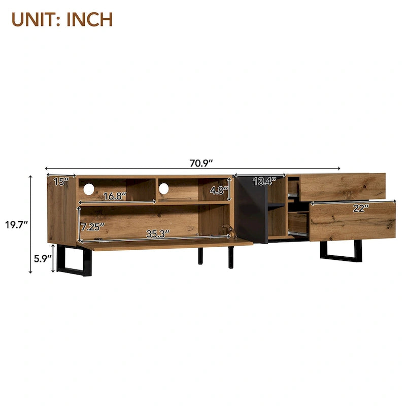 70.9 TV Stand with Double Storage Space and Drop Down Door for TVs Up to 80