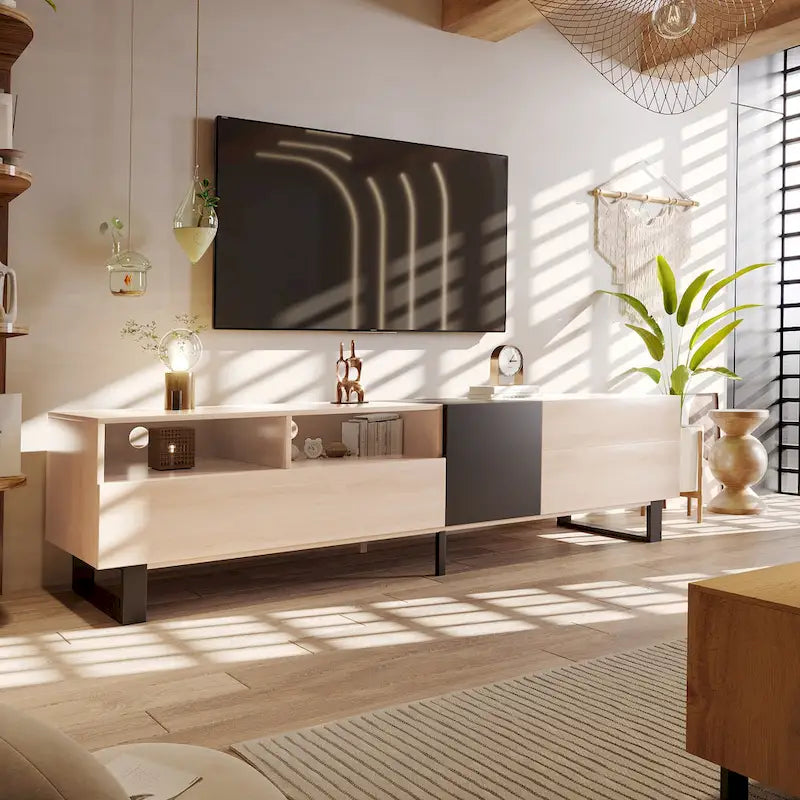 70.9 TV Stand with Double Storage Space and Drop Down Door for TVs Up to 80