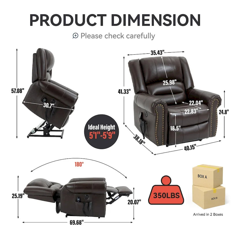 Brown Genuine Leather Power Lift Recliner with Dual Motor