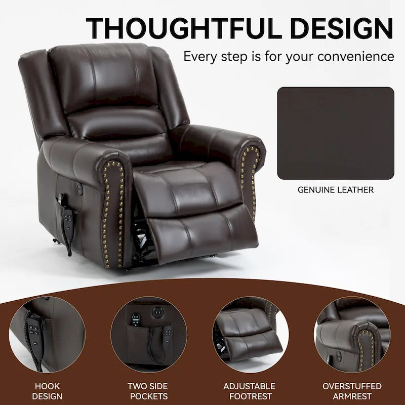 Brown Genuine Leather Power Lift Recliner with Dual Motor