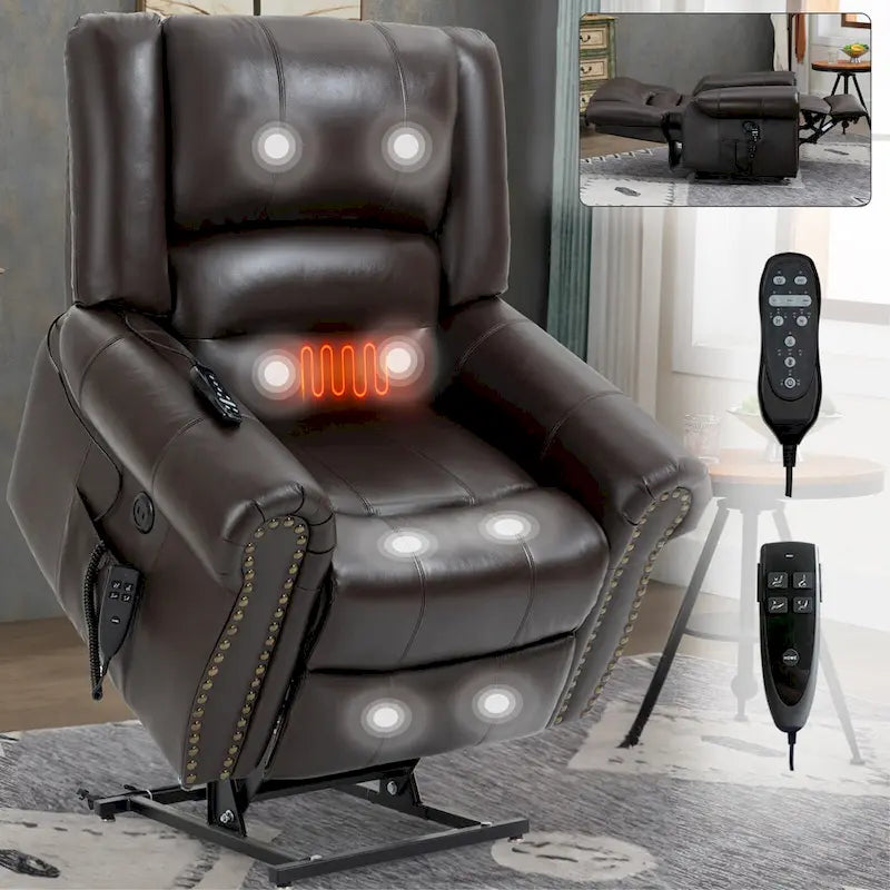 Brown Genuine Leather Power Lift Recliner with Dual Motor