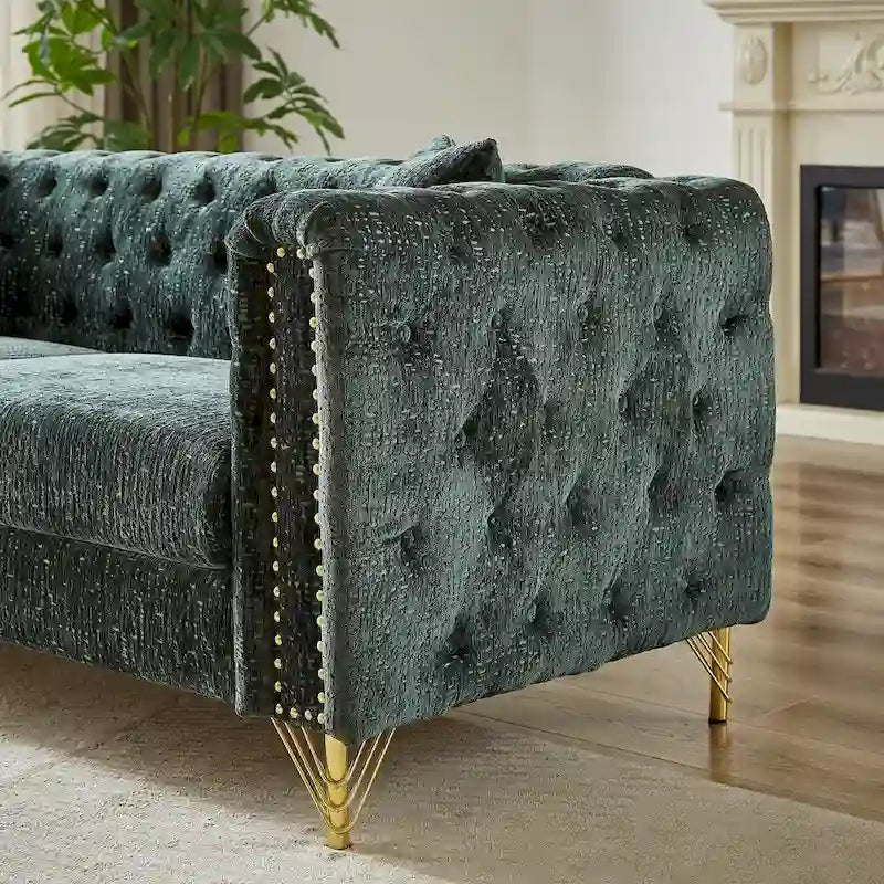 Green Chenille Tufted Upholstered 3-seater Sofa with Metal Legs