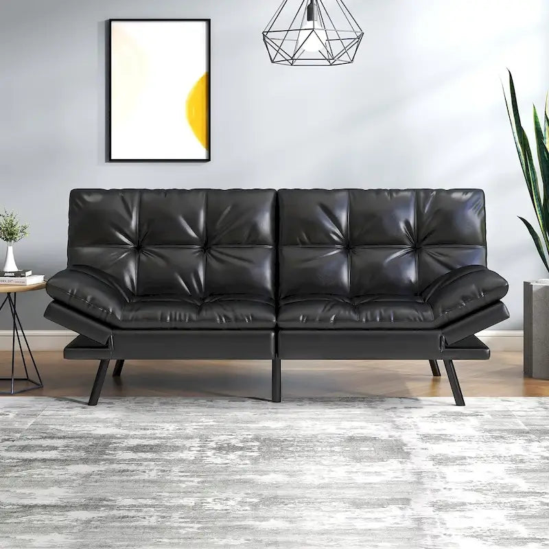 Futon Sofa Bed, Faux Leather Convertible Sofa with Adjustable Splitback Armrests for Compact Living Space, Twin Size