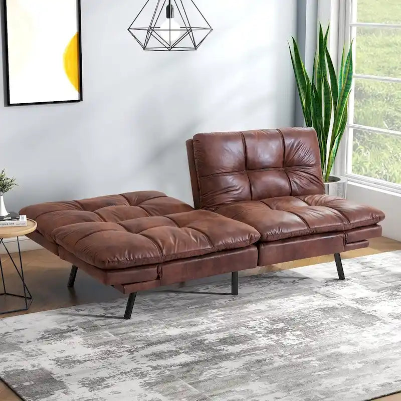 Futon Sofa Bed, Faux Leather Convertible Sofa with Adjustable Splitback Armrests for Compact Living Space, Twin Size