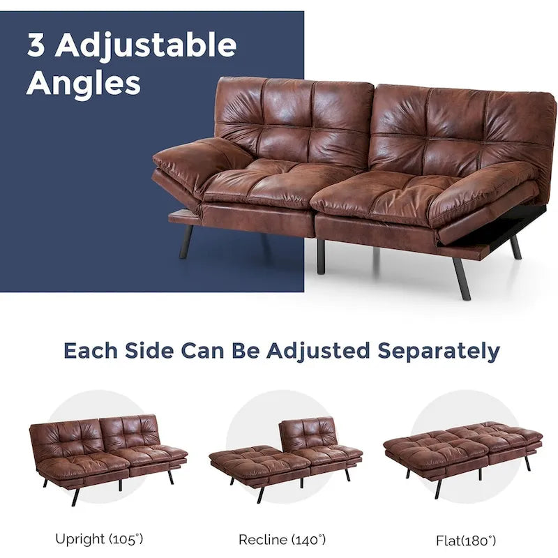 Futon Sofa Bed, Faux Leather Convertible Sofa with Adjustable Splitback Armrests for Compact Living Space, Twin Size