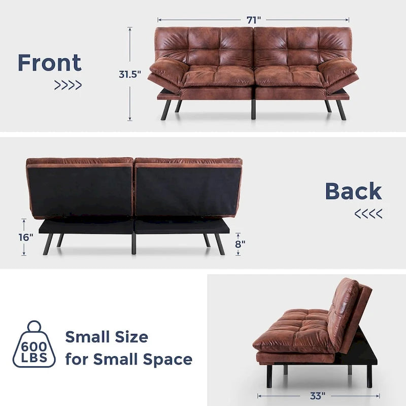 Futon Sofa Bed, Faux Leather Convertible Sofa with Adjustable Splitback Armrests for Compact Living Space, Twin Size