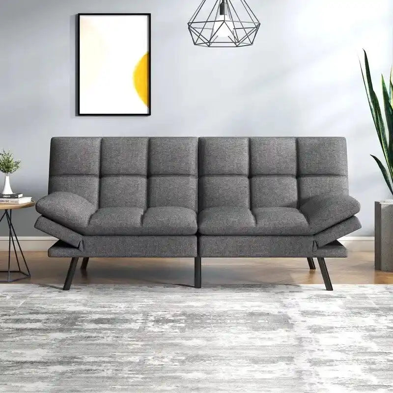 Futon Sofa Bed, Faux Leather Convertible Sofa with Adjustable Splitback Armrests for Compact Living Space, Twin Size